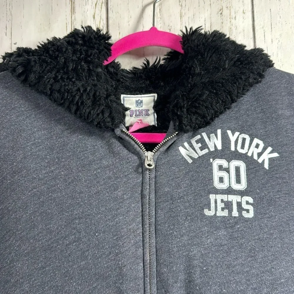 Pink Victorias Secret Faux Fur Lined NFL Jets Sequins Zip Hooded Pockets Gray